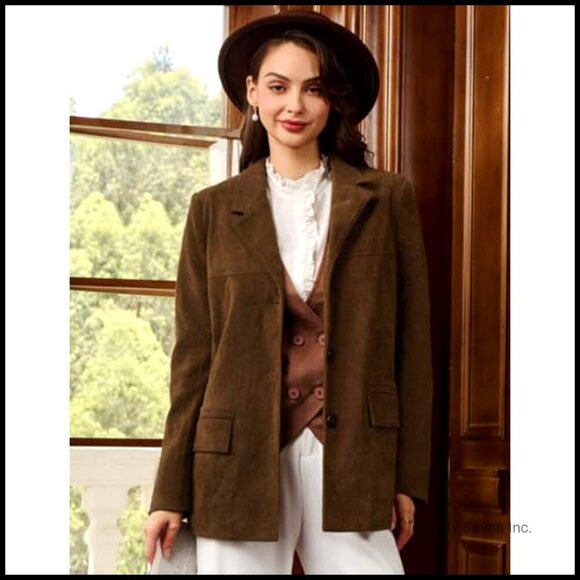 Corduroy Blazer Classic Notched Lapel Boyfriend Fit Office Work Jacket - Picture 5 of 6